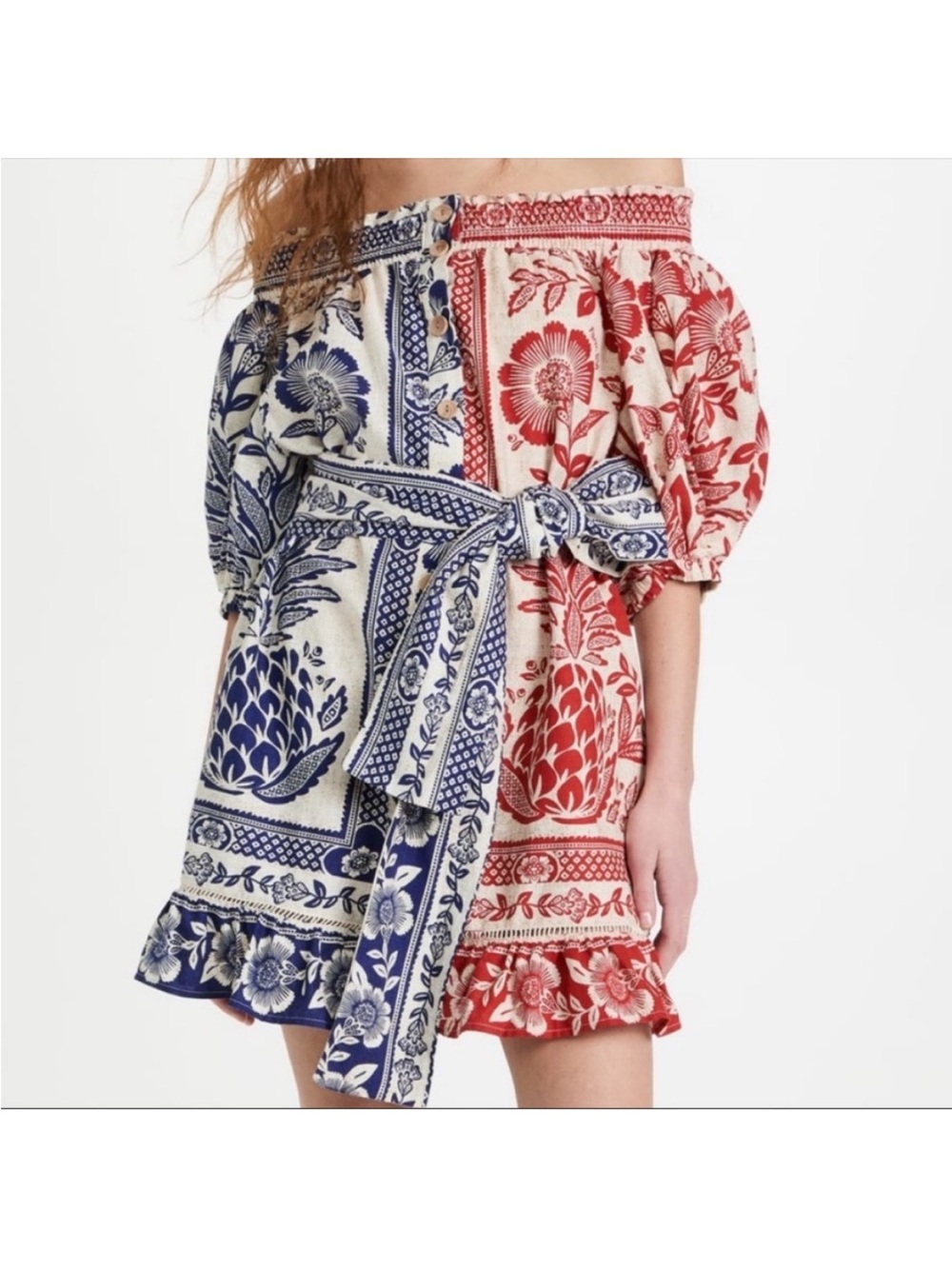 NWT FARM Rio Off-Shoulder Pineapple Garden Dress in Red and Blue